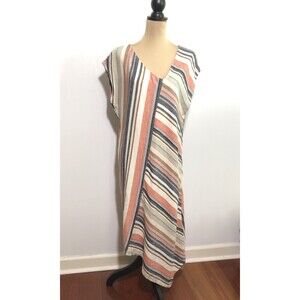 For Cynthia Dress Womens XL Beige Striped Bias Cut Linen Blend Asymmetrical Midi